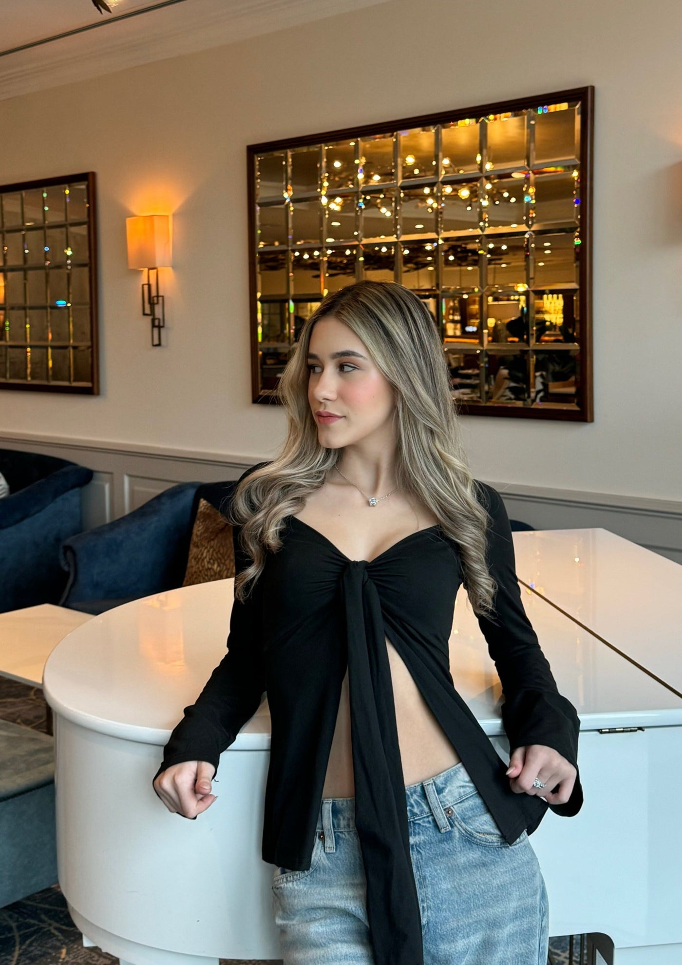 Estella Tie Front Long Sleeve Top - Black